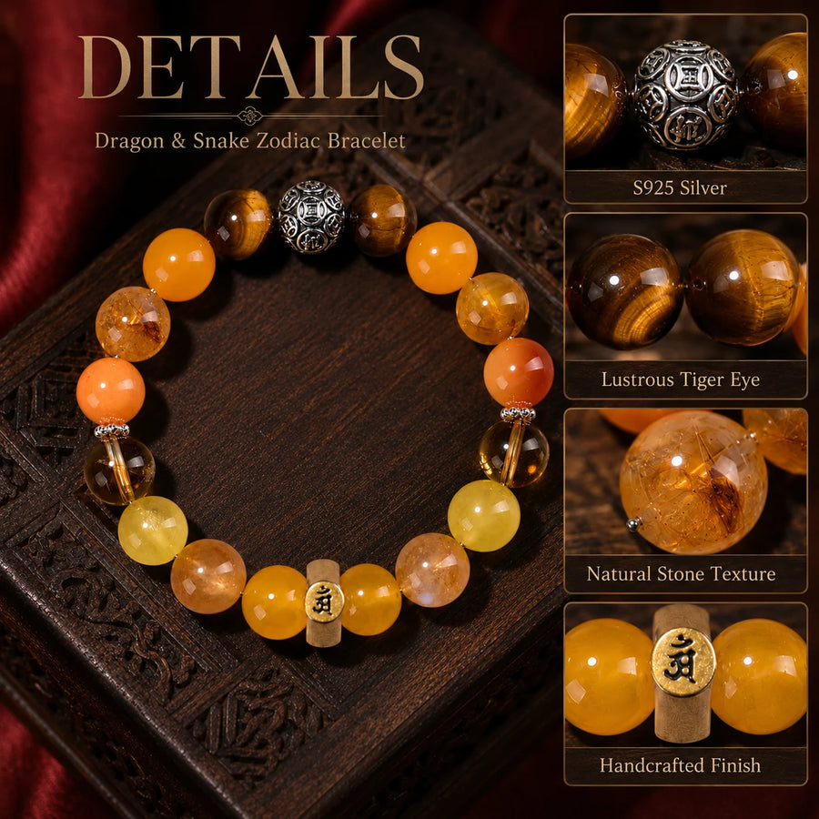 Dragon and Snake zodiac bracelet S925 silver focal bead zodiac ring and natural stone details detail view 5 | Kailora