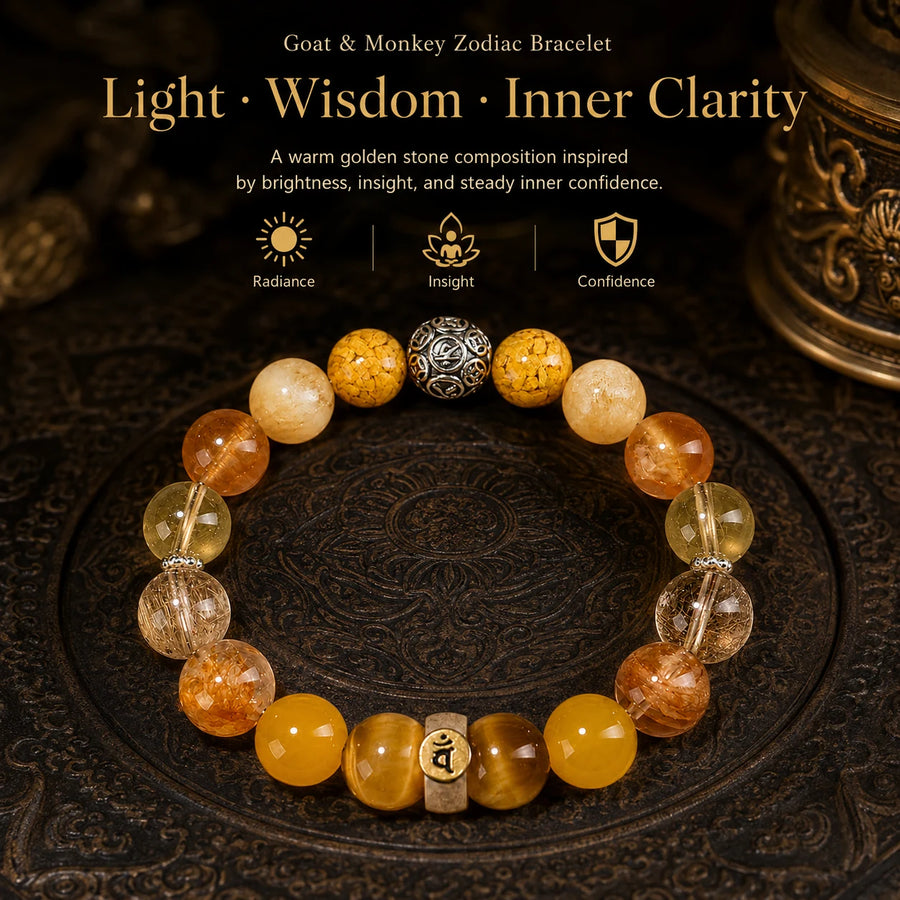 Goat and Monkey zodiac bracelet meaning light wisdom and inner clarity detail view 3 | Kailora