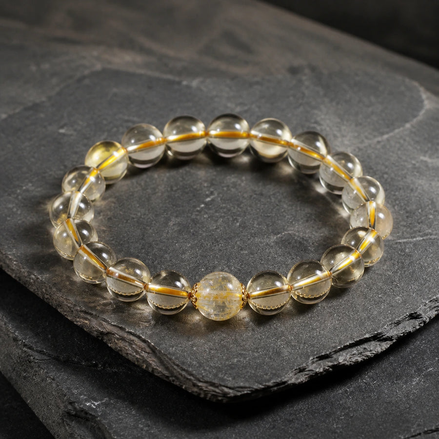 Kailora Golden Intention natural citrine and golden rutilated quartz bracelet handcrafted in Tibet detail view 1 | Kailora