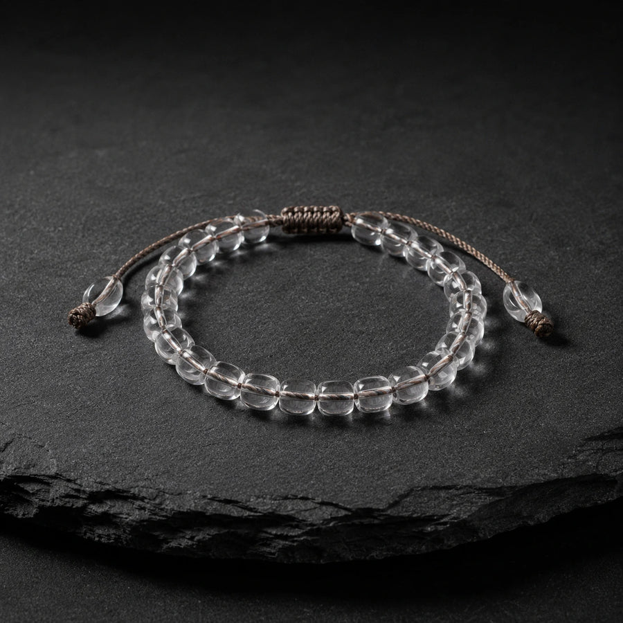 Tibetan clear quartz adjustable bracelet with Brown Cord by Kailora detail view 2 | Kailora