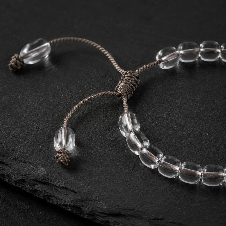 Brown Cord adjustable sliding knot on Tibetan clear quartz bracelet detail view 6 | Kailora