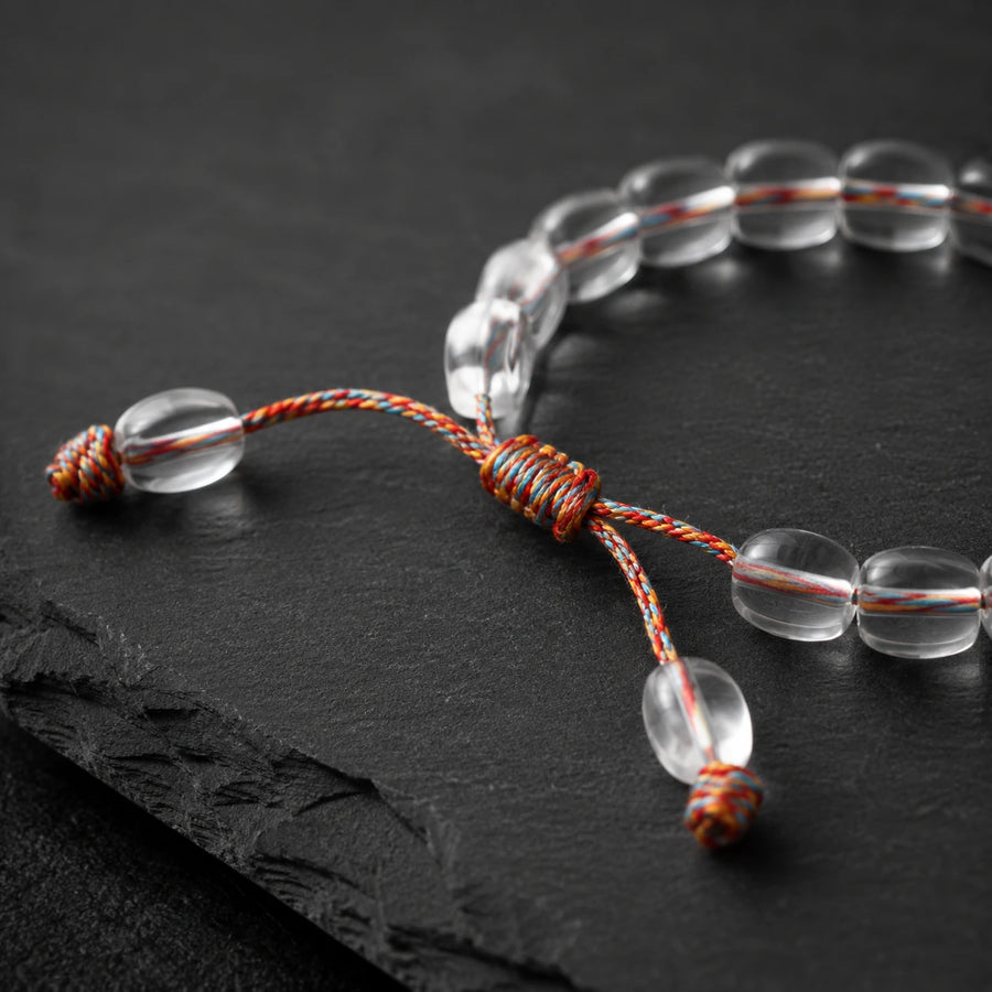 Five-Color Cord adjustable sliding knot on Tibetan clear quartz bracelet detail view 4 | Kailora