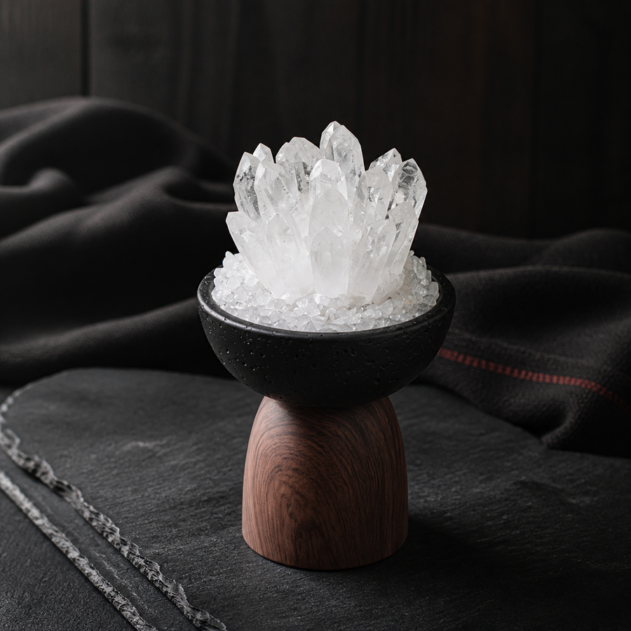 Natural Himalayan Tibetan crystal cluster in Kailora Ritual Stone with black textured bowl and wood-grain base detail view 1 | Kailora