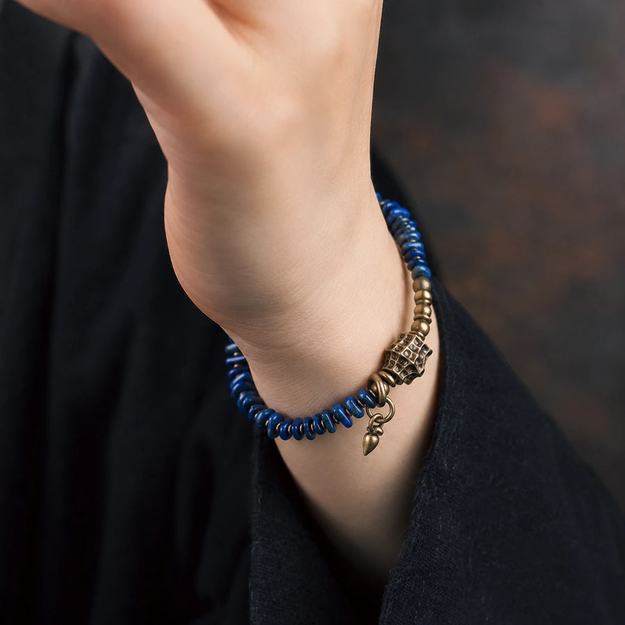 Lapis lazuli and brass bracelet worn on wrist detail view 3 | Kailora
