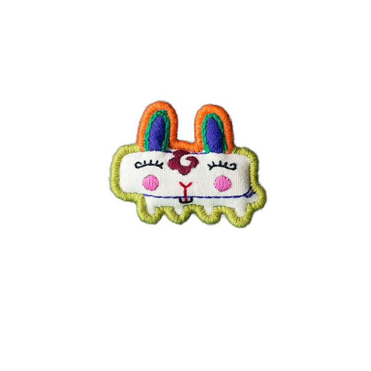 Mao Rabbit Chinese Zodiac hand-embroidered cotton-linen brooch handcrafted in Tibet detail view 5 | Kailora
