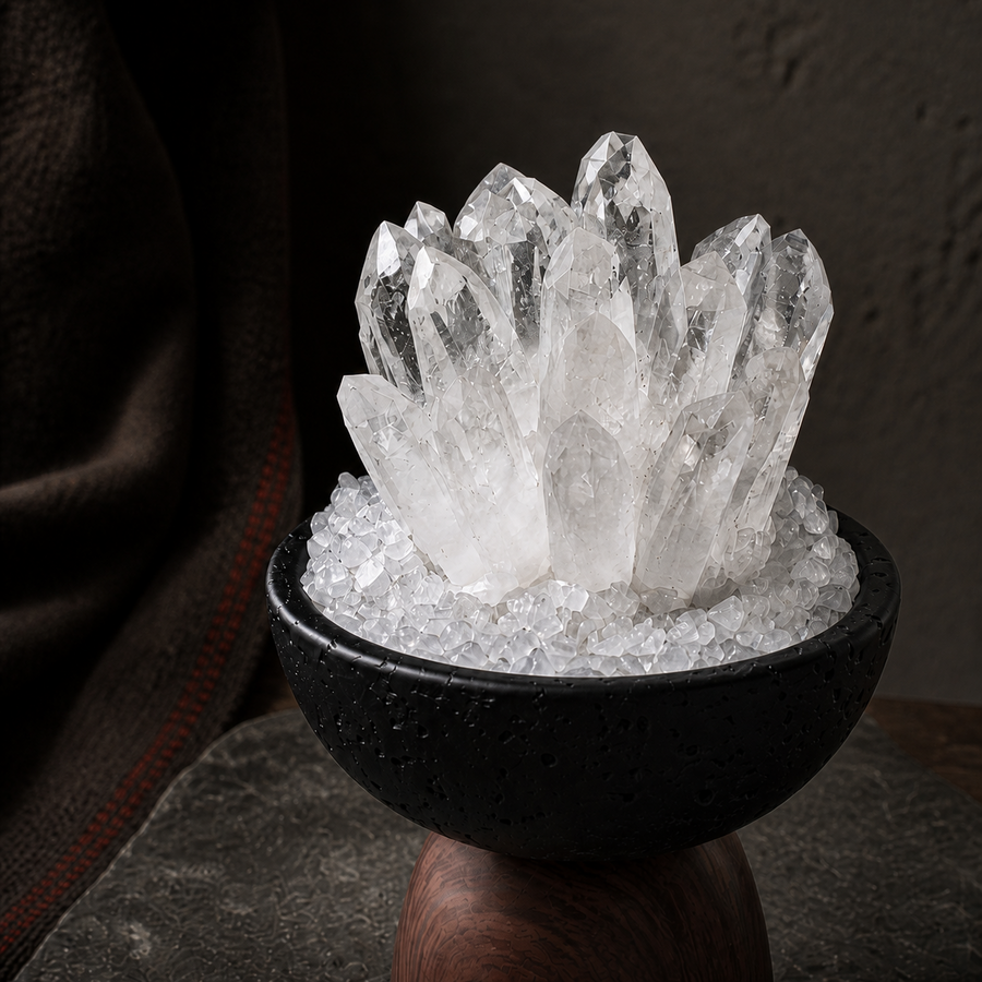 Close-up of natural Himalayan Tibetan crystal cluster points and surrounding crystal chips detail view 3 | Kailora
