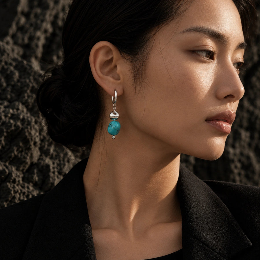 Close-up of Kailora natural turquoise designer earring with turquoise sourced from Tibet detail view 4 | Kailora