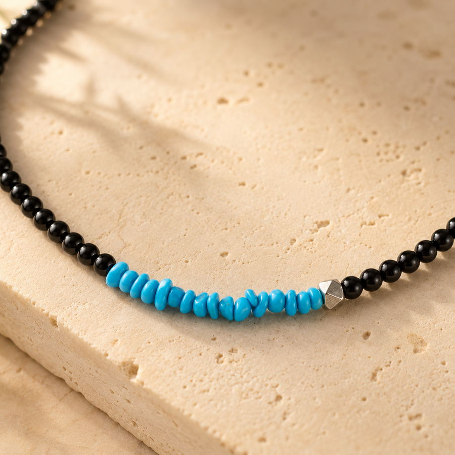 Close-up detail of natural turquoise, black agate and sterling silver necklace detail view 5 | Kailora