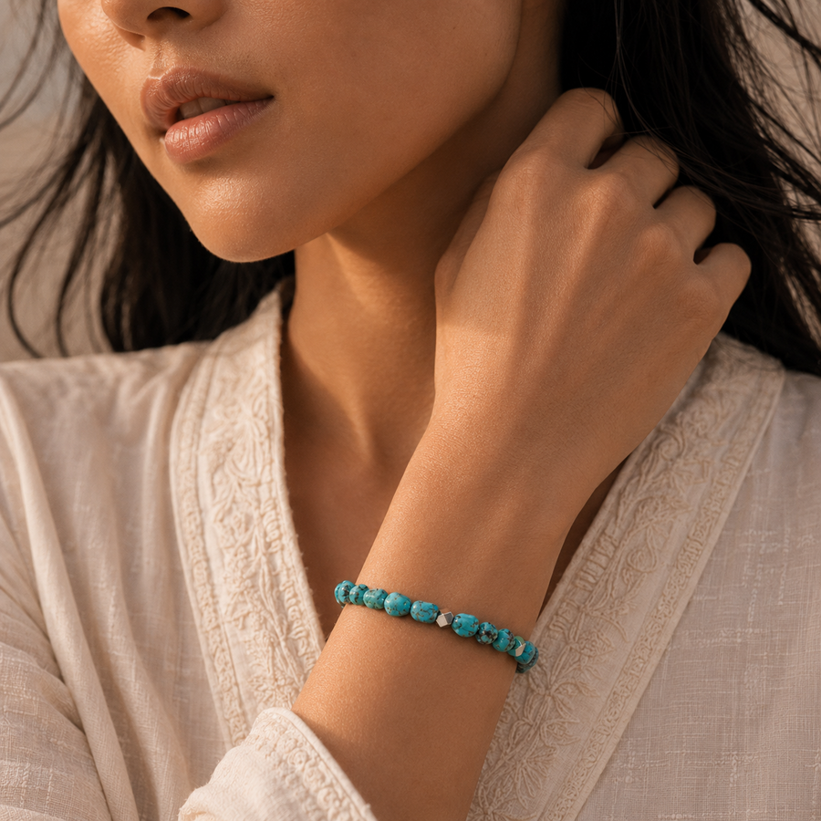 Woman wearing handmade natural turquoise stone bracelet detail view 3 | Kailora