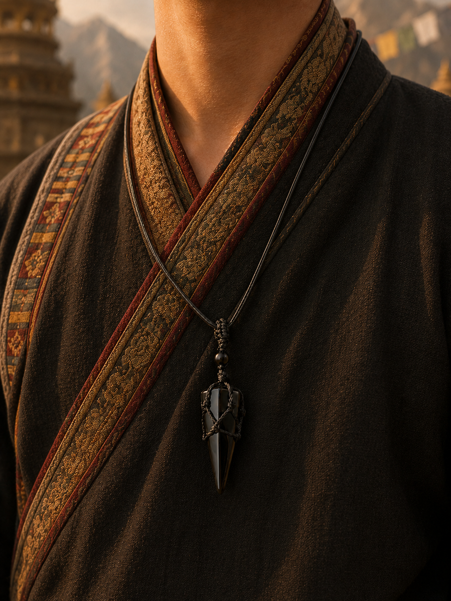 Close-up of stone spike pendant and waxed cord on Kailora necklace detail view 2 | Kailora