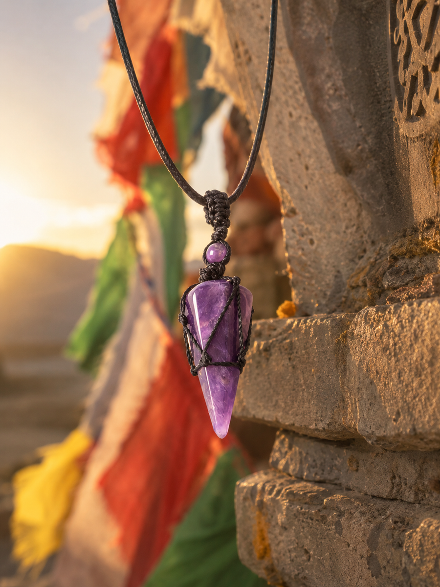 Tibetan-inspired styling for Kailora Obsidian and Amethyst Spike Necklace detail view 6 | Kailora