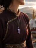 Kailora Obsidian and Amethyst Spike Necklace with Tibetan-inspired background thumbnail 8 | Kailora