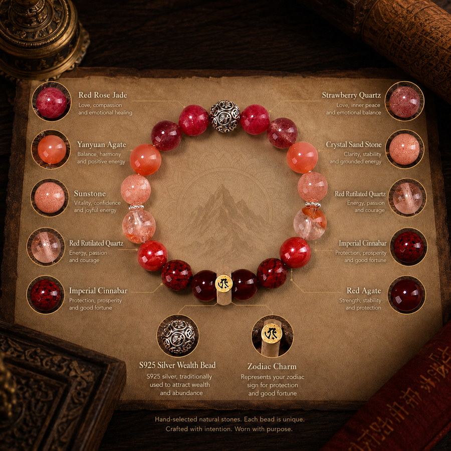 Ox and Tiger zodiac bracelet red and peach-toned stone materials guide detail view 4 | Kailora