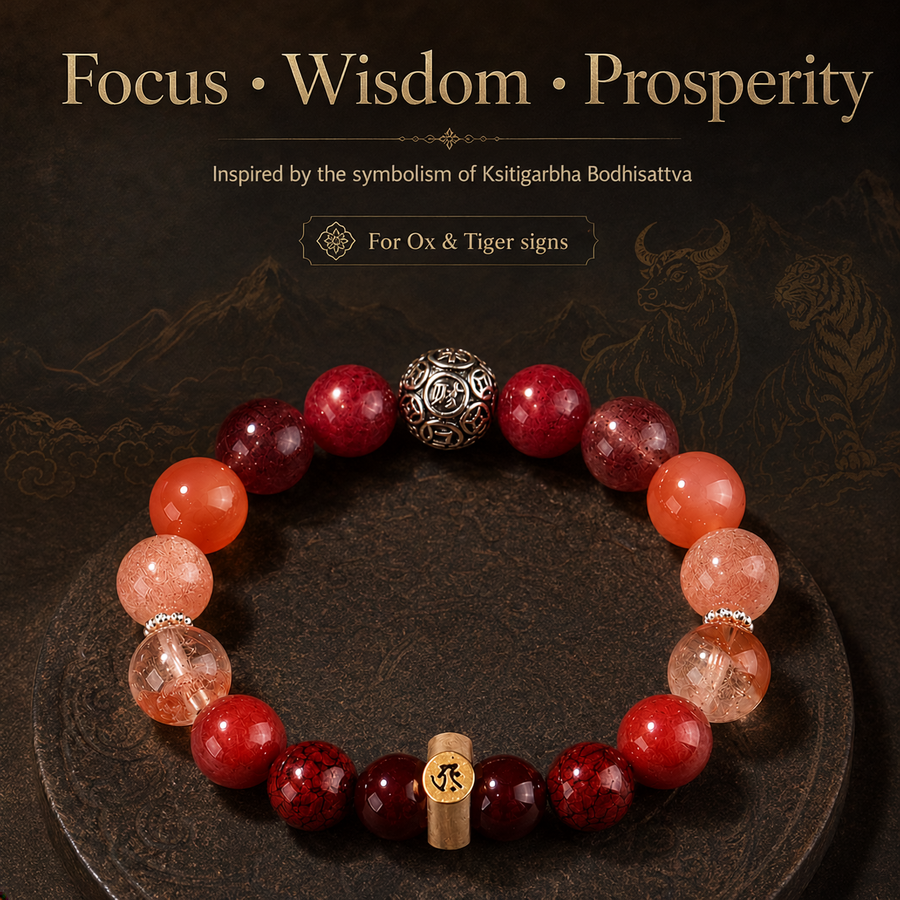 Ox and Tiger zodiac bracelet symbolism of focus wisdom and prosperity detail view 3 | Kailora