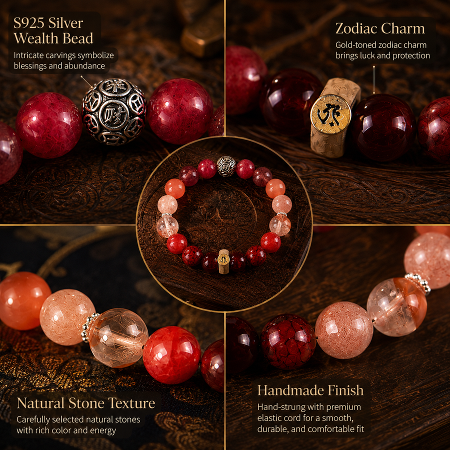 Ox and Tiger zodiac bracelet S925 silver focal bead and zodiac charm details detail view 5 | Kailora