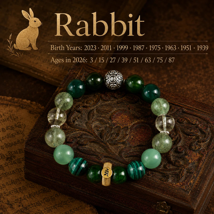 Rabbit Chinese zodiac bracelet birth years guide with natural green stones detail view 2 | Kailora