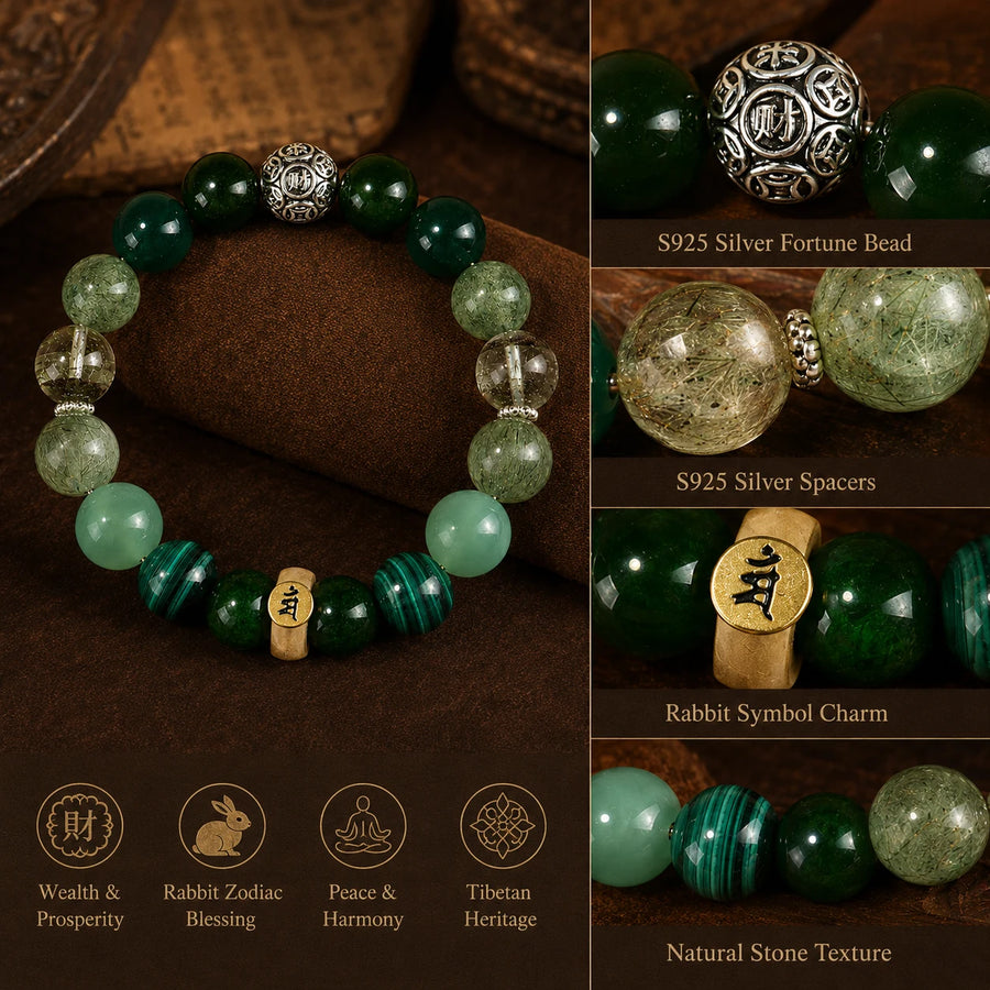 Rabbit zodiac bracelet S925 silver bead spacers symbol charm and natural stone details detail view 5 | Kailora