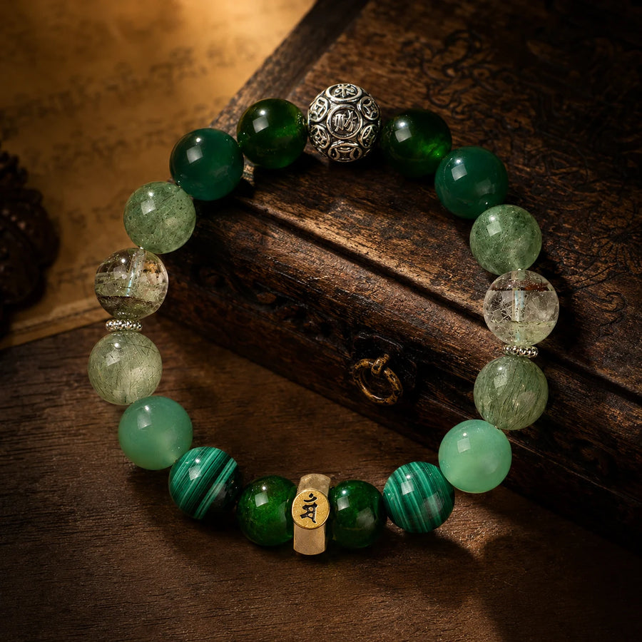 Kailora Rabbit Chinese zodiac crystal bracelet handmade in Tibet with natural green stones and S925 silver detail view 1 | Kailora