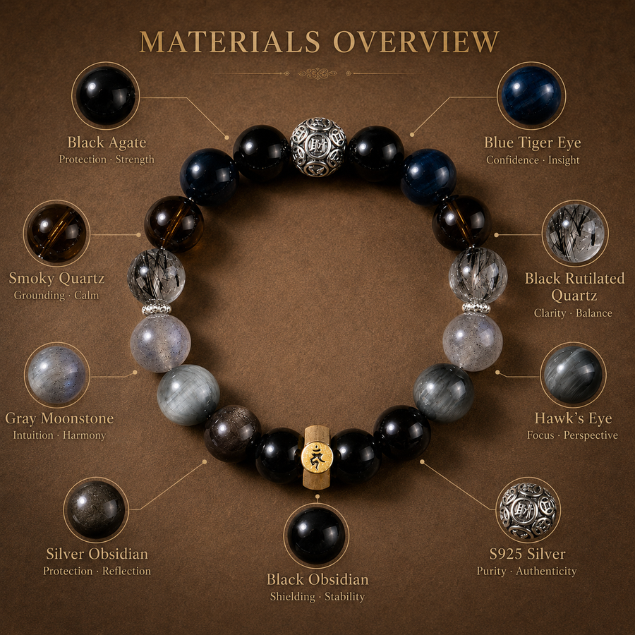 Rooster zodiac bracelet natural dark stone materials detail view 4 | Kailora