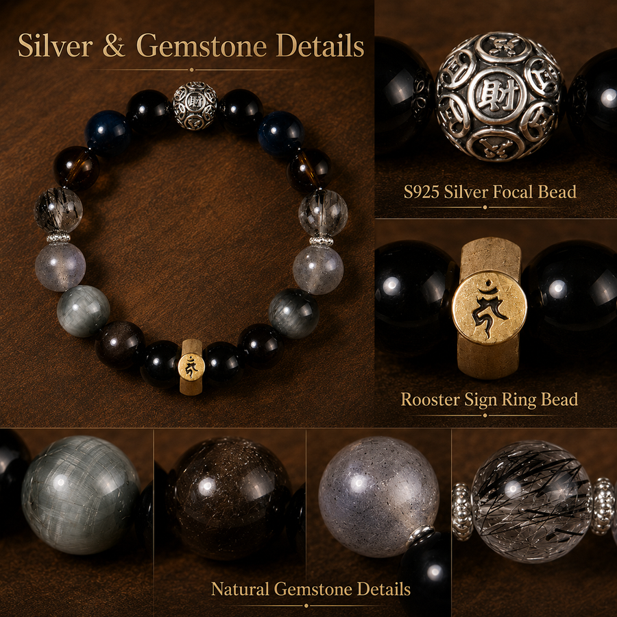 Rooster zodiac bracelet S925 silver focal bead and zodiac ring detail detail view 5 | Kailora