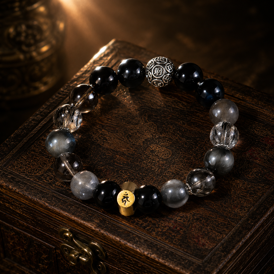 Kailora Rooster Chinese zodiac crystal bracelet handmade in Tibet with dark natural stones detail view 1 | Kailora