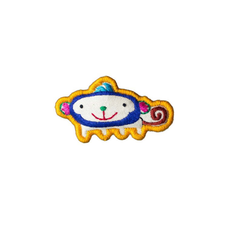Shen Monkey Chinese Zodiac hand-embroidered cotton-linen brooch handcrafted in Tibet detail view 10 | Kailora