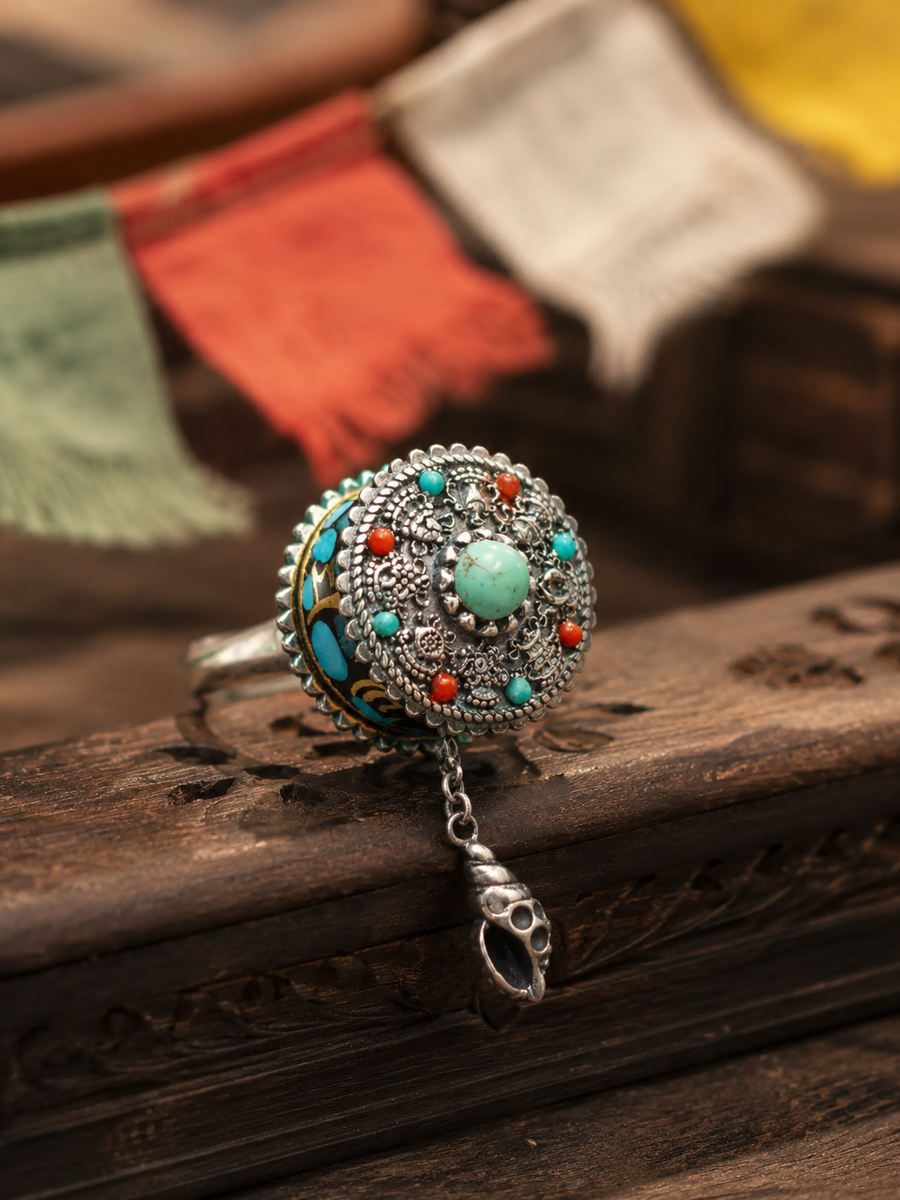 Tibetan-inspired styling of Kailora six-syllable mantra spinner ring detail view 6 | Kailora