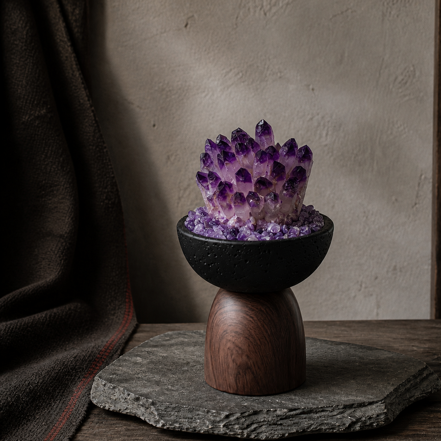 Purple Kailora Ritual Stone for stillness with Himalayan Tibetan crystal cluster detail view 8 | Kailora