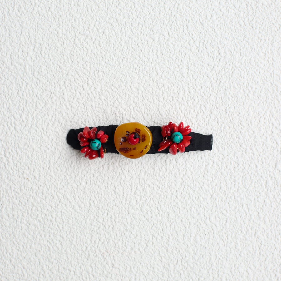 Handmade Tibetan amber turquoise and red stone floral hair clip detail view 4 | Kailora