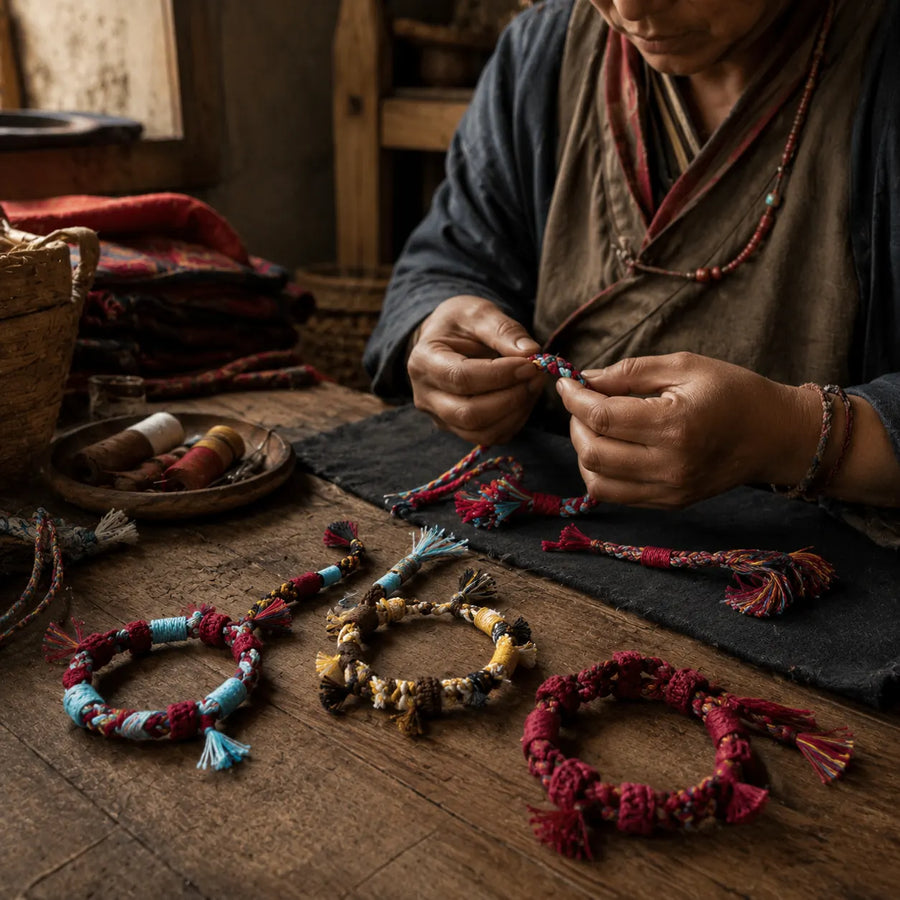 Tibetan artisan handweaving the Nomad Thread hemp cord bracelet detail view 9 | Kailora