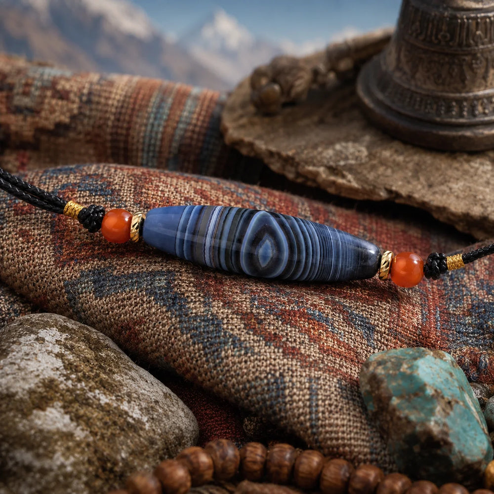 Kailora Tibetan Blue Eye Agate Dzi-Inspired Leather Cord Necklace detail view 4 | Kailora