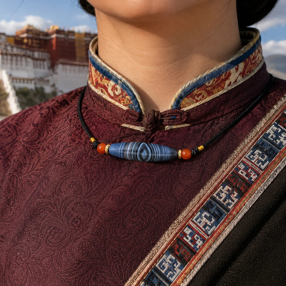 Kailora Tibetan Blue Eye Agate Dzi-Inspired Leather Cord Necklace detail view 5 | Kailora