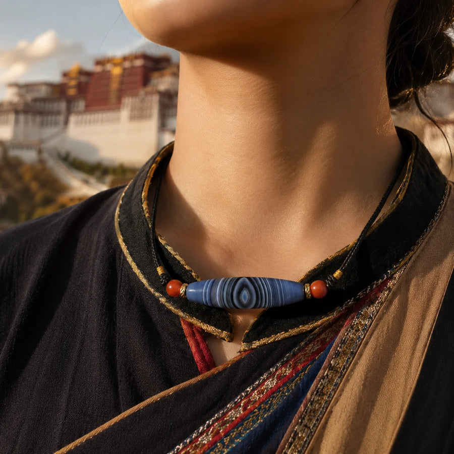 Tibetan-Inspired Blue Eye Agate Cord Necklace for Intuition | Kailora detail view 6 | Kailora