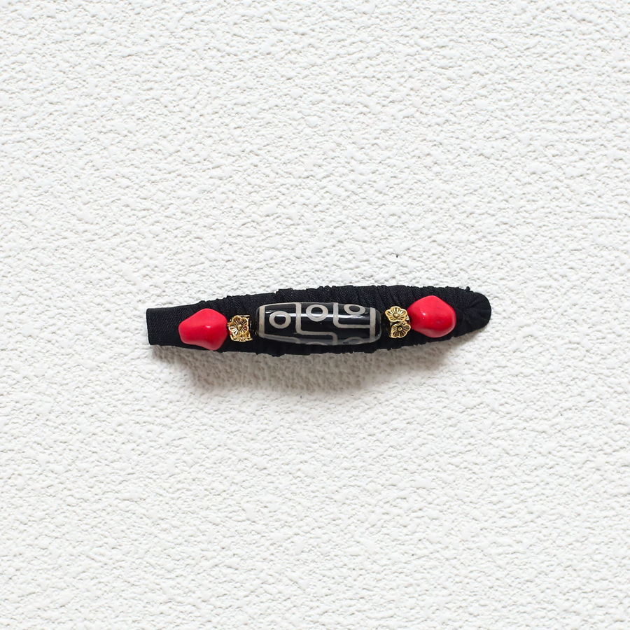 Tibetan handmade Dzi bead hair clip with red natural stone detail view 3 | Kailora