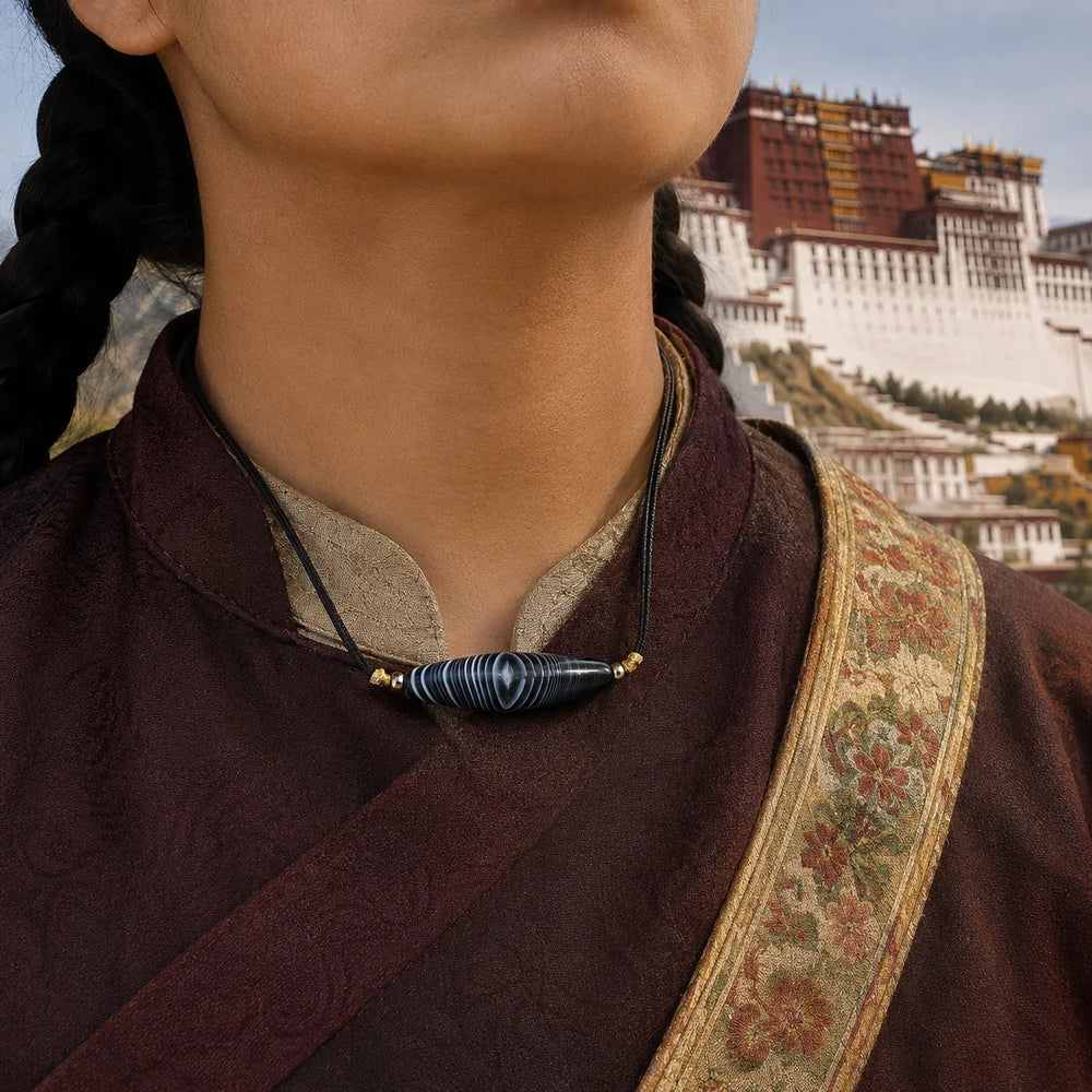 Kailora Tibetan Eye Agate Dzi-Inspired Leather Cord Necklace detail view 7 | Kailora