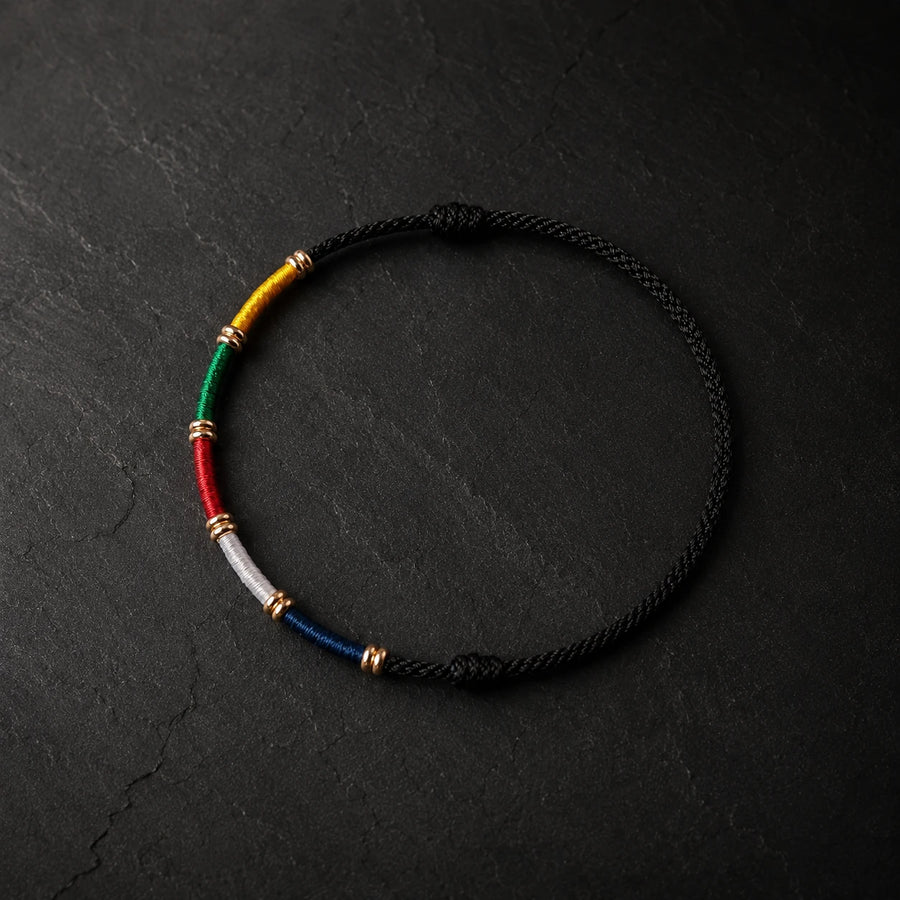 Black Tibetan five-color prayer flag cord bracelet by Kailora detail view 4 | Kailora
