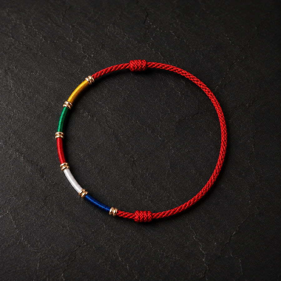 Vermilion red Tibetan five-color prayer flag cord bracelet by Kailora detail view 3 | Kailora