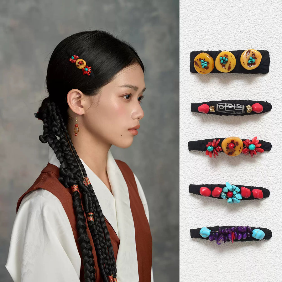 Five Tibetan handmade beaded hair clips by Kailora detail view 1 | Kailora