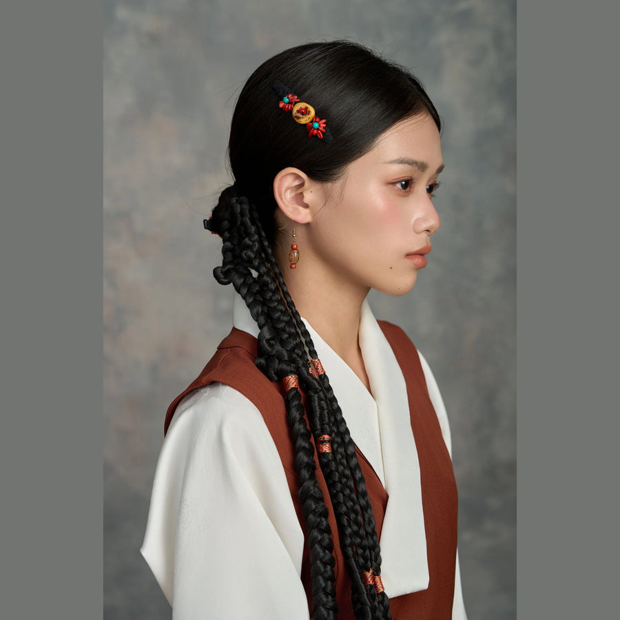 Tibetan handmade amber blossom hair clip styled with traditional braided hair detail view 7 | Kailora