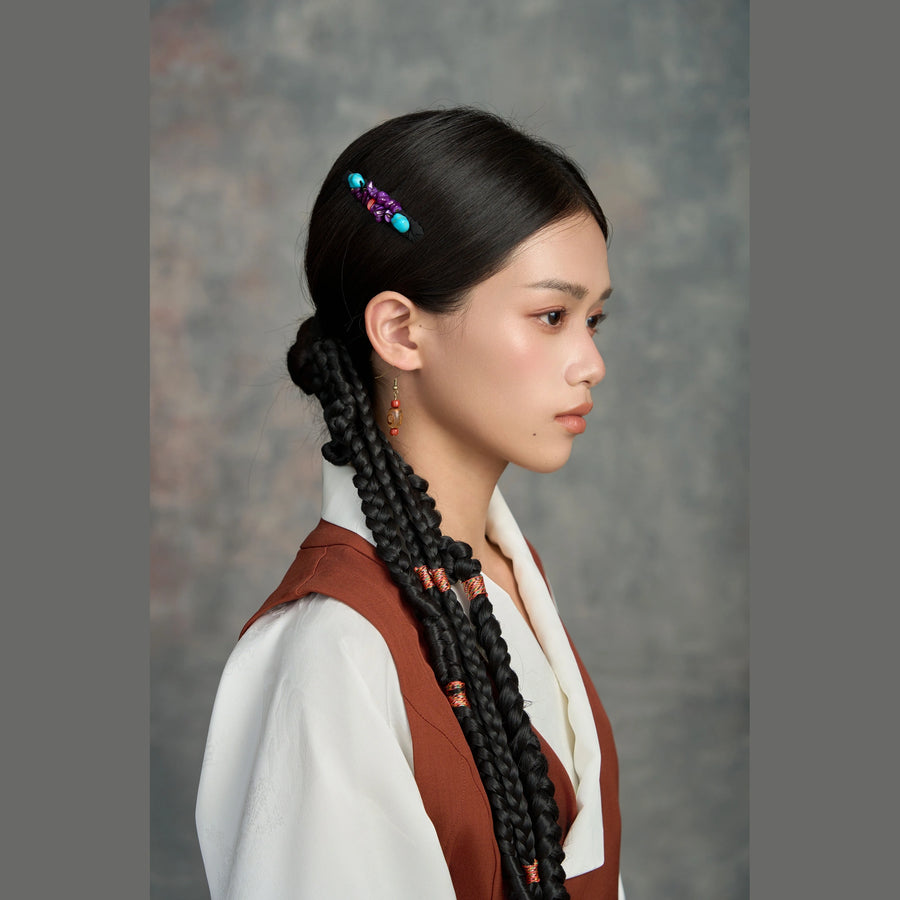 Tibetan handmade purple crystal and turquoise hair clip styled with braids detail view 11 | Kailora