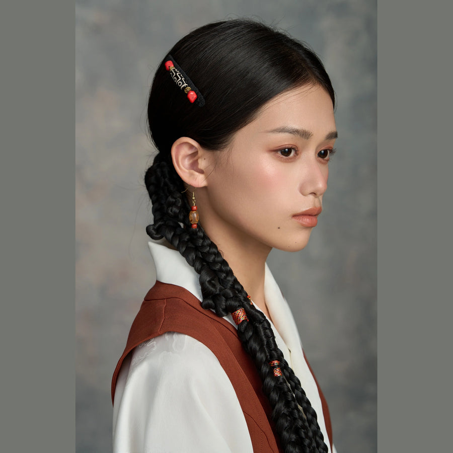 Tibetan handmade Dzi bead hair clip styled with traditional braids detail view 16 | Kailora