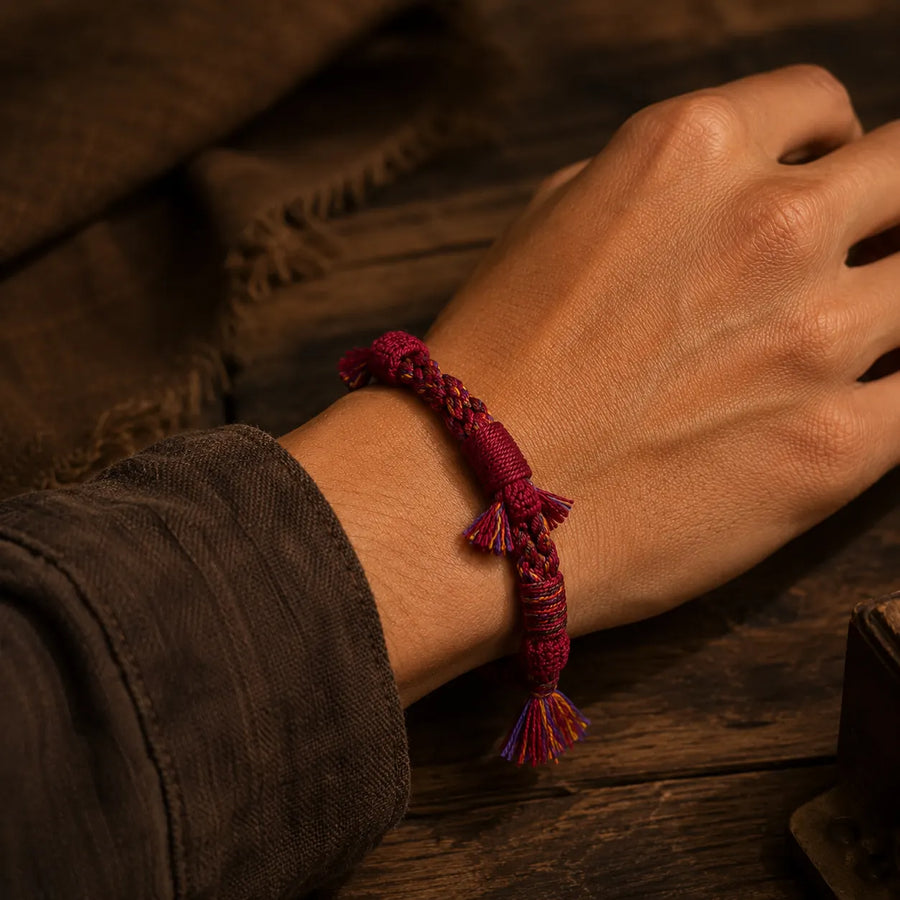 Deep Burgundy Tibetan hemp handwoven bracelet worn on the wrist detail view 5 | Kailora