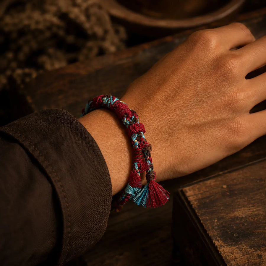 Turquoise Red Tibetan hemp handwoven bracelet worn on the wrist detail view 4 | Kailora