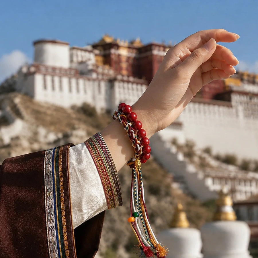Tibetan-Inspired Red Beaded Braided Cord Bracelet | Kailora detail view 3 | Kailora