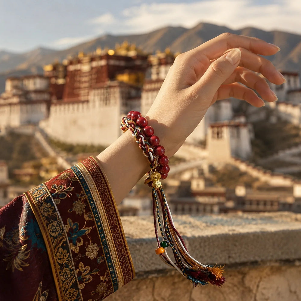 Kailora Tibetan Red Beaded Braided Cord Bracelet with Tassel detail view 6 | Kailora