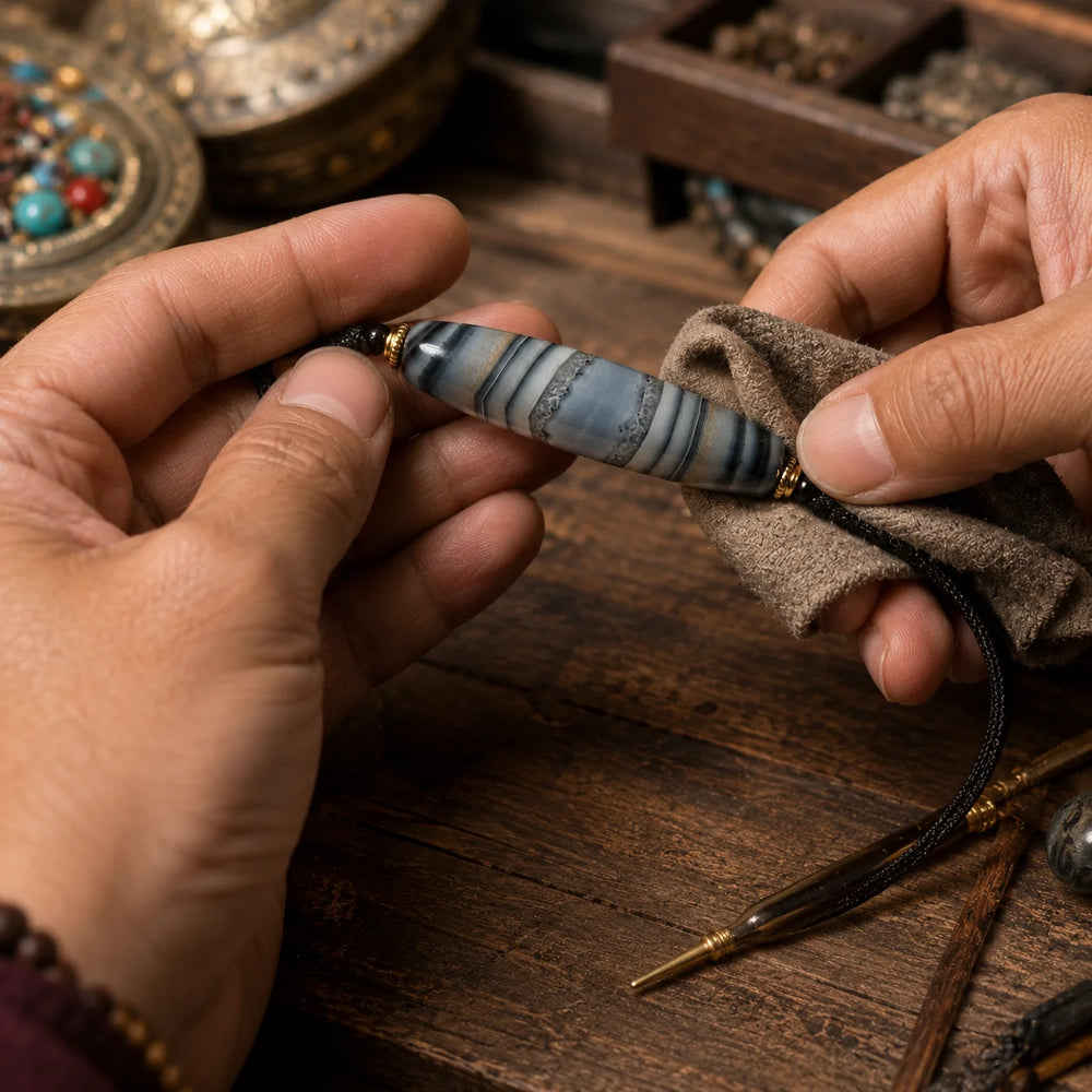 Kailora Tibetan Sky Eye Banded Agate Dzi-Inspired Leather Cord Necklace detail view 3 | Kailora
