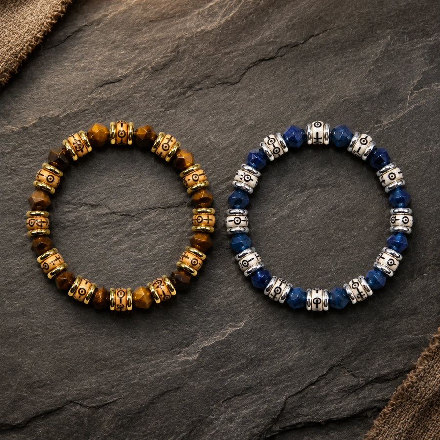 Golden and blue Tibetan-inspired Tiger's Eye bracelets by Kailora on dark stone detail view 3 | Kailora