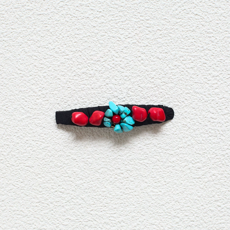 Tibetan handmade turquoise floral hair clip with red natural stone detail view 5 | Kailora