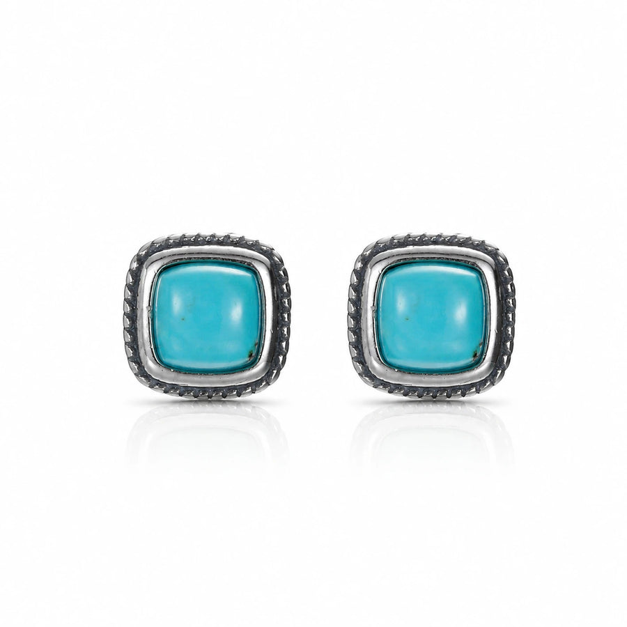Kailora Tibetan turquoise stud earrings in oxidized 925 sterling silver on white background detail view 3 | Kailora