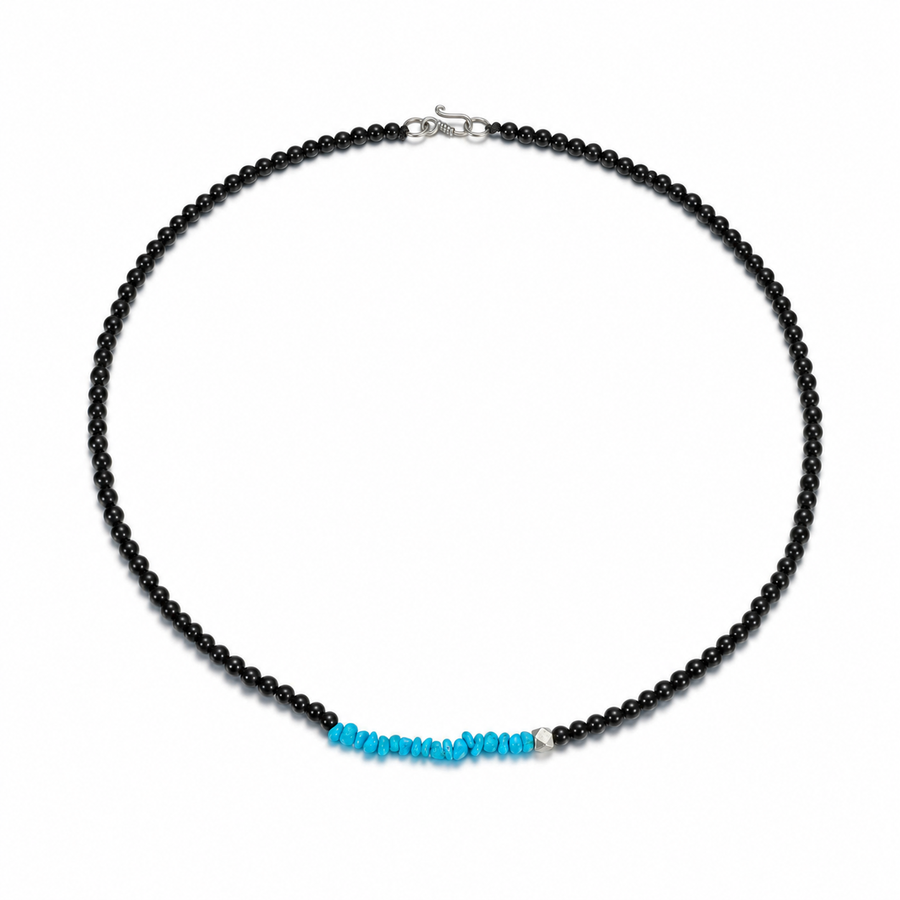 Turquoise and black agate beaded necklace on a white background detail view 3 | Kailora